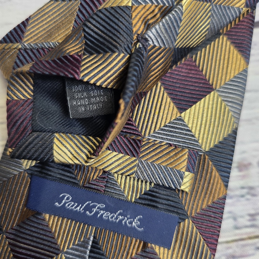 Paul Frederick 100% Seta‎ Silk Tie Colorful Gold Squares 3.5x64 Made In Italy